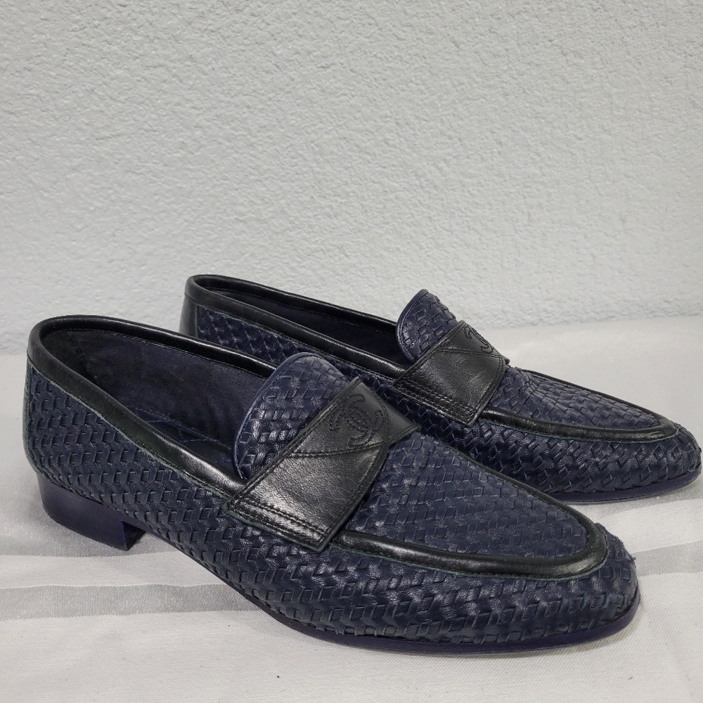 CHANEL Woven Loafers Shoes Navy And Black Size EU 37 / US 6.5